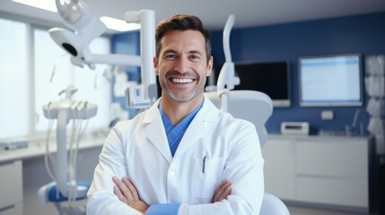 Portrait of a male dentist in his modern dental clinic skillfully performing dental procedures