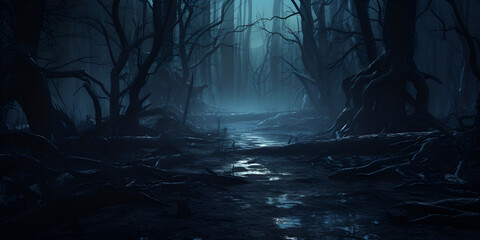 Fototapeta na wymiar spooky halloween night, Eerie Curved Trees In A Mysterious And Foggy Forest A Dark And Mystical Scene Background