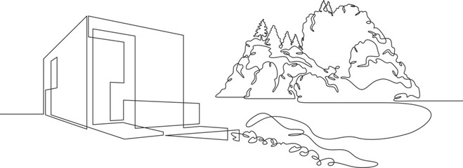 House by the lake. Rocks by the water. House in nature. Landscape. One continuous line. Linear. Hand drawn, white background.