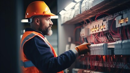 Portrait of a male electrician in a challenging construction environment skillfully installing and repairing electrical systems