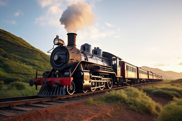 Obraz premium A train traveling down train tracks next to a lush green field. Smoke from the chimney of a retro train.