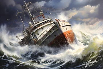 Fotobehang A cargo or fishing ship is caught in a severe storm. Ship at sea on big waves. The threat of shipwreck. Element in the ocean. The hard work of a sailor. © Anoo