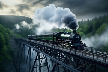 A painting of a train on a train track. The steam locomotive moves along the bridge over the arm at high altitude along the railroad tracks. Puffs of smoke from the chimney of a retro train.
