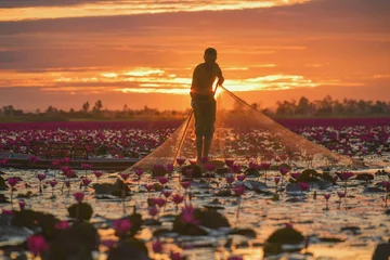 Fotobehang Beautiful nature Landscape red Lotus sea in the morning with sunrise.thailand © saravut