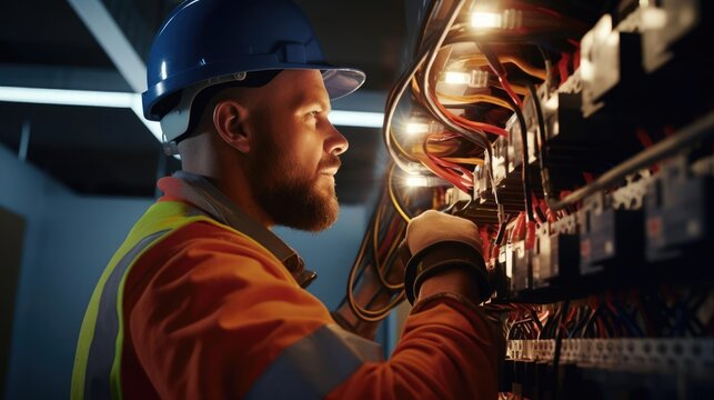 Portrait of a male electrician in a challenging construction environment skillfully installing and repairing electrical systems