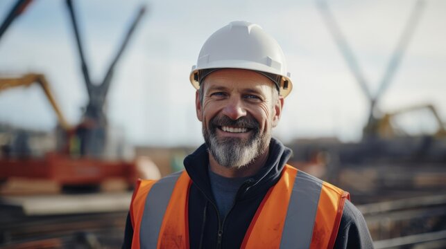 Portrait of a male engineer at a construction site overseeing complex projects ensuring structural integrity