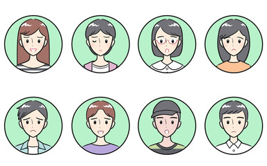 私服を着た中学生・高校生の男女　ネガティブな表情　丸いアイコンセット　グリーン