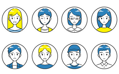 私服を着た中学生・高校生の男女　ネガティブな表情　丸いアイコンセット　シンプル