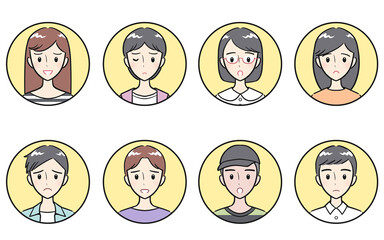 私服を着た中学生・高校生の男女　ネガティブな表情　丸いアイコンセット　イエロー