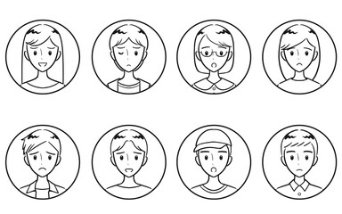 私服を着た中学生・高校生の男女　ネガティブな表情　丸いアイコンセット　線画