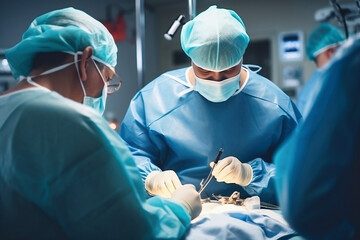 Photo of surgeons performing a complex surgery in a modern operating room. A group of surgeons performing surgery on a patient.