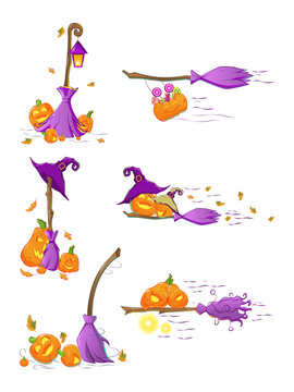 Vector set with fun holiday pumpkins with brooms, sweets and hats