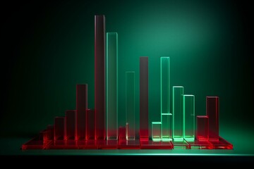 3D translucent and crimson bar graphs on a green backdrop, representing corporate effectiveness, revenue growth, or business charts. Suitable for infographics and analytics. Generative AI