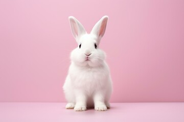 Charming white bunny stands on pink background, showcasing youthful energy. Generative AI