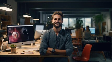 Fototapeta premium Portrait of a male graphic designer at a vibrant design studio passionately creating visually stunning artwork