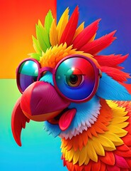 brightly colored parrot with sunglasses on its head and a rainbow background
