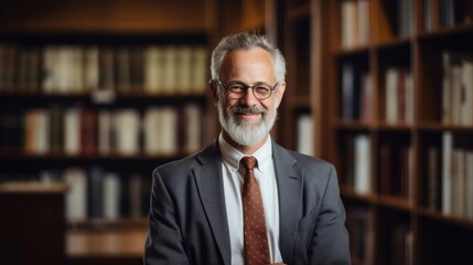 Portrait of a male historian at a prestigious university teaching history with passion