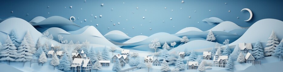 Fototapeta na wymiar Blue Christmas banner with snowy moonlight view of pine trees, mountains, and charming lit-up houses. Magical and enchanting. AI generative