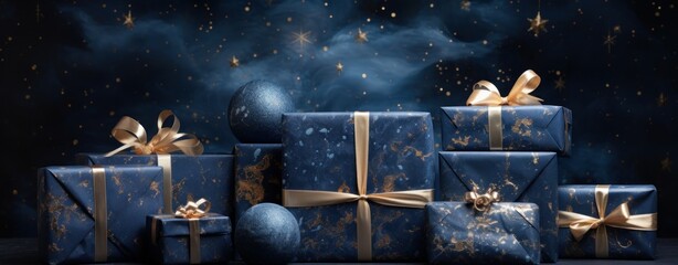 Luxury gift box present and christmas ornaments in snow falling.happy new year and celebration festival, banner ads.