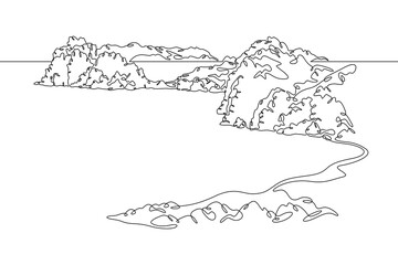 Rocks near the water.Mountains and lake.Landscape.Bay.Seashore.One continuous line. Linear. Hand drawn, white background.