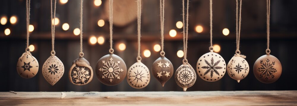 A wooden background with christmas lights and decor, Christmas decoration bauble ball. Christmas and New Year background. Festive seasonal Christmas bright background
