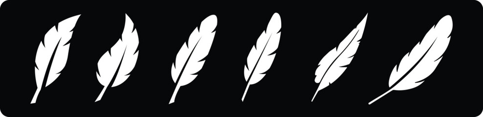 Flat black feathers, vintage bird plumage elements. Smooth graphic shapes. Set of Bird Feather. Pen icon. Bird Feather silhouettes for stencil, tattoo. Plumelet collection. Vector isolated on white.
