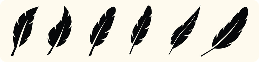Vector Feathers Set. Elements for design isolated on white. Bird feather icon silhouette collection. Vector illustration
