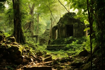 Image of a secluded forest showcasing ruins of an ancient Hindu temple. Generative AI