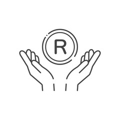 Rの文字が入ったシンプルなコインと人の手のアイコン- 南アフリカのお金･ランドのイメージ
