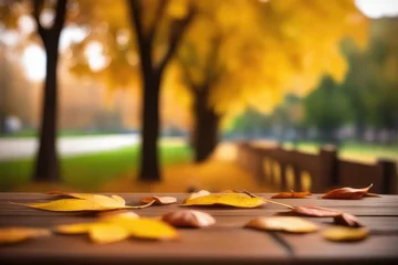Foto auf Glas autumn leaves on the bench © drimerz