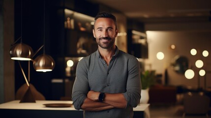 Fototapeta premium Portrait of a male interior designer in a stylish design studio transforming spaces into havens of elegance and functionality