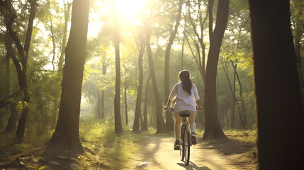 Back view of young woman riding bike on wooden road, pretty smile asian woman riding bike in the forest