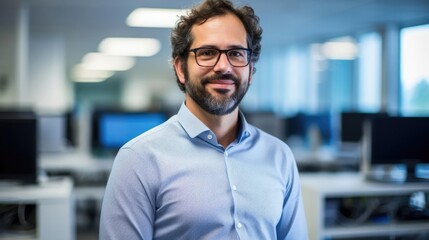 Portrait of a male IT support specialist in a bustling IT department providing timely technical assistance