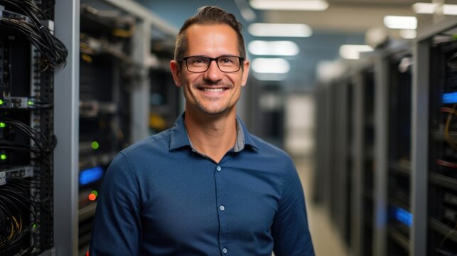 Portrait of a male IT support specialist in a bustling IT department providing timely technical assistance