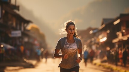 Fototapeta na wymiar Asian marathon runner is running in the morning sunrise at Nepal.