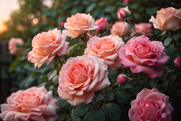 Fototapeta premium Beautiful blooming rose garden at sunset, Generative AI