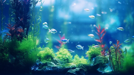 decoration of plants and stones in aquarium design aquatic nature swimming gracefully generative ai