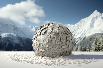 3D rendering of a large debt represented as a snowball of 500 euro notes. Generative AI - obrazy, fototapety, plakaty