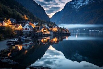 Flam, a picturesque town on Aurlandsfjord, captured at dawn. Generative AI