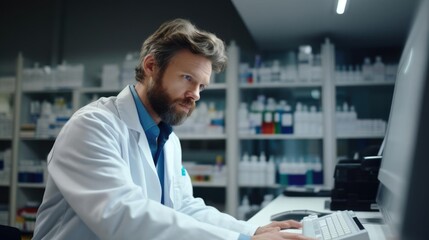 Portrait of a male pharmacist in a well-organized compounding lab meticulously preparing custom medications