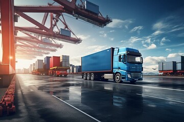 Transportation of a truck and cargo ship with containers at a port, loading or unloading between water and land. Generative AI
