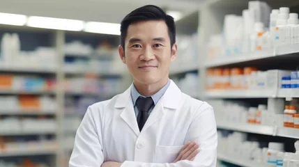 Zelfklevend Fotobehang Portrait of a male pharmacist in a bustling pharmacy expertly dispensing medications © Fred