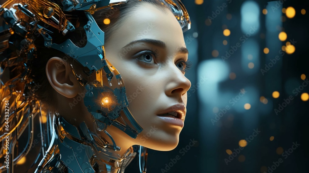 Poster connection of human woman and artificial intelligence robot. the concept of merging a person and a c