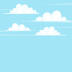 White fluffy clouds in the blue sky. Cartoon illustration of a cloud cluster. Vector background.