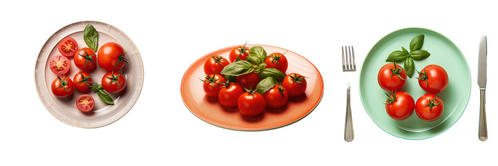 Healthy food cherry tomatoes basil cutlery on a plate transparent background