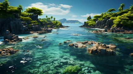 Fototapeta na wymiar Paradise tropical green island with trees in a beach resort in the sea