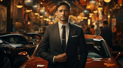 Crédence de cuisine en verre imprimé Voitures de dessin animé Handsome man in a suit, a manager in a car dealership selling cars