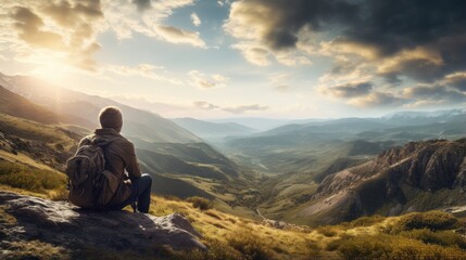 A hiker taking a peaceful break on a solitary mountain trail - obrazy, fototapety, plakaty