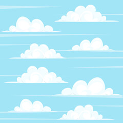 White fluffy clouds in the blue sky. Cartoon illustration of a cloud cluster. Vector background.