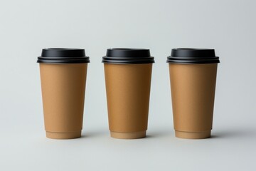 Image depicting three paper coffee cups with black lids against a plain white backdrop. Generative AI